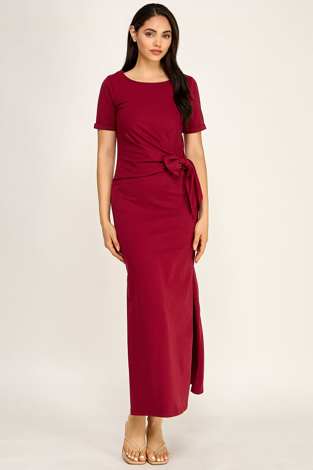 Modal Tie Waist Maxi Dress | Round Neck Short Sleeve Side Slit