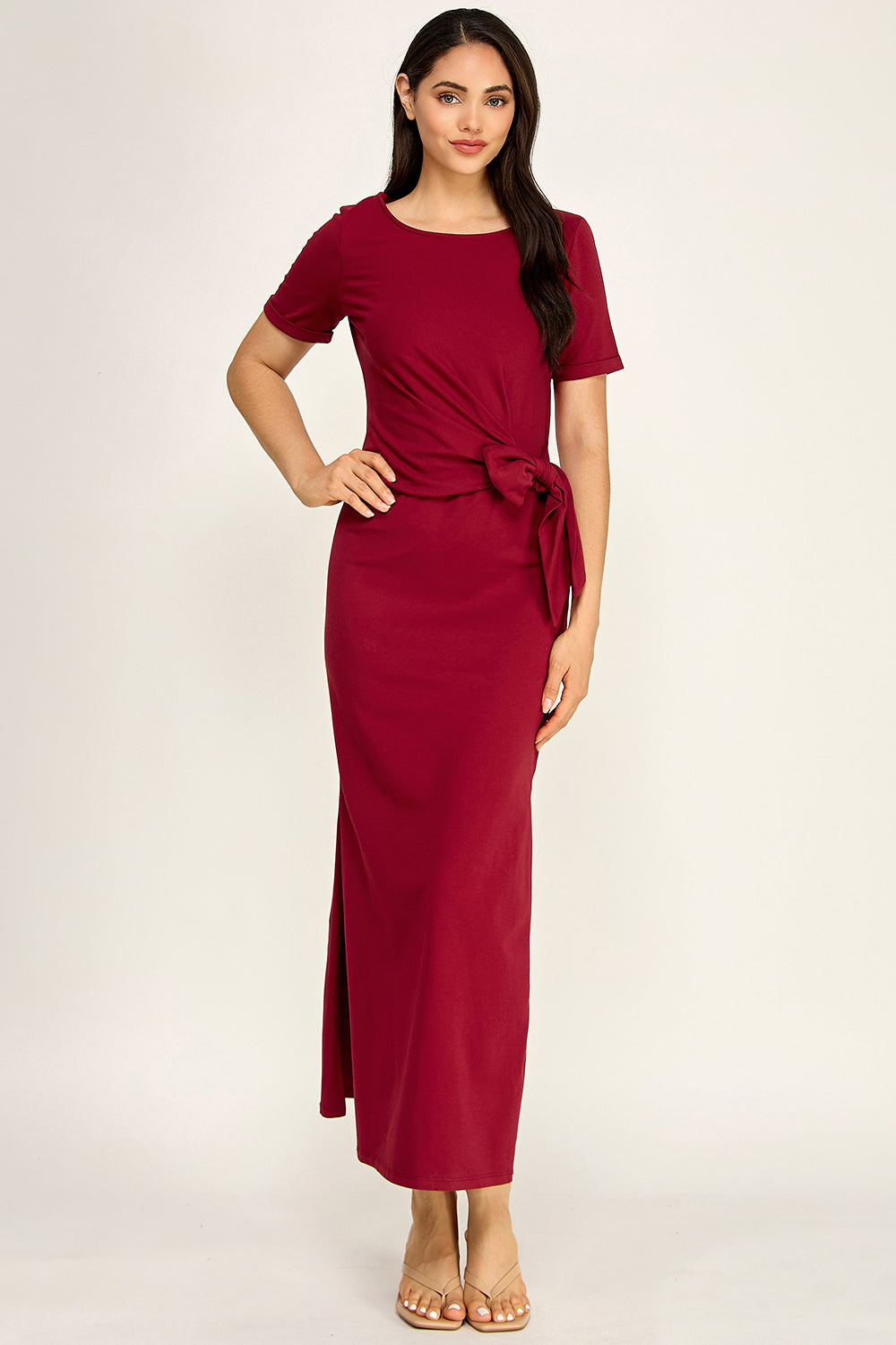 Modal Tie Waist Maxi Dress | Round Neck Short Sleeve Side Slit
