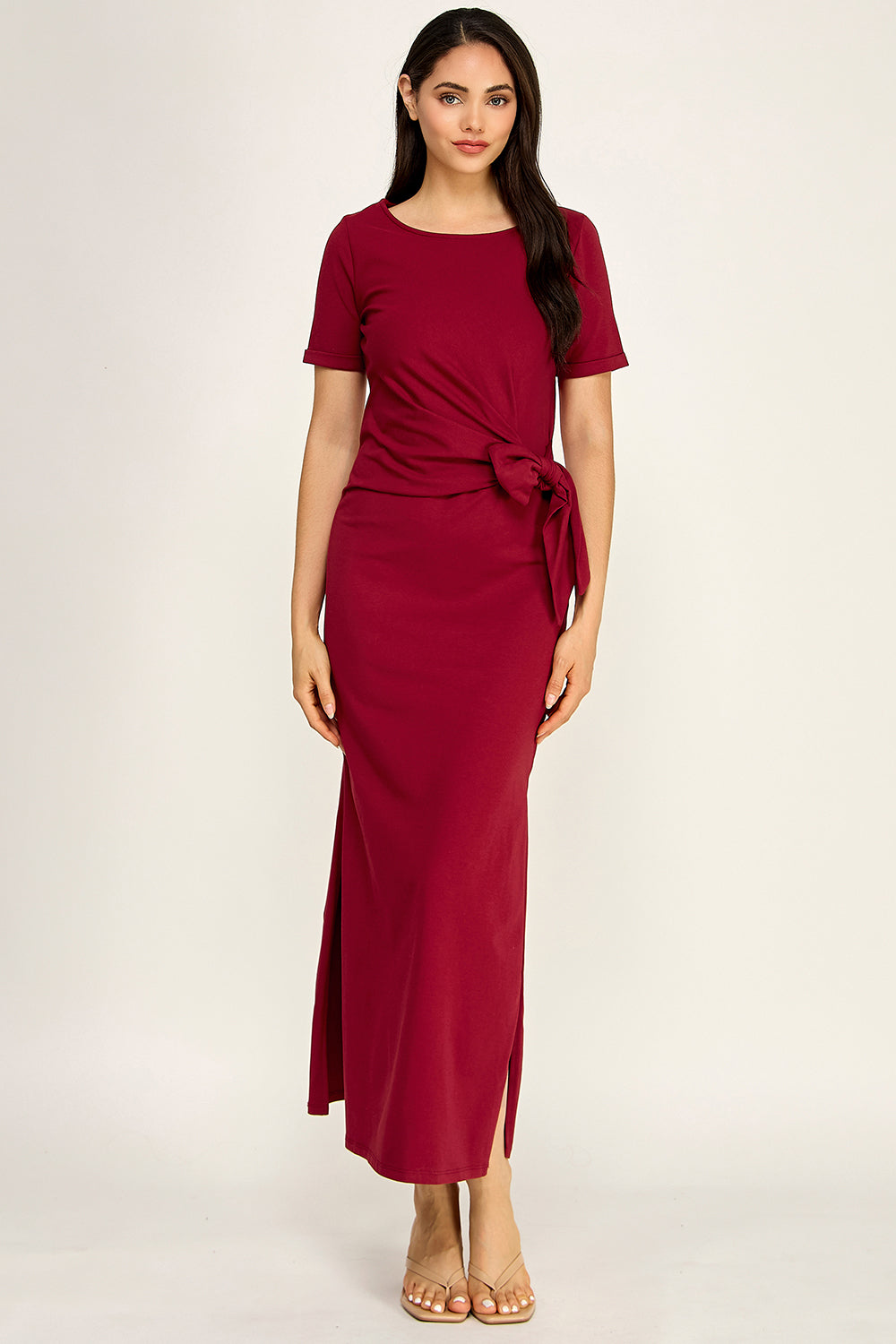 Modal Tie Waist Maxi Dress | Round Neck Short Sleeve Side Slit