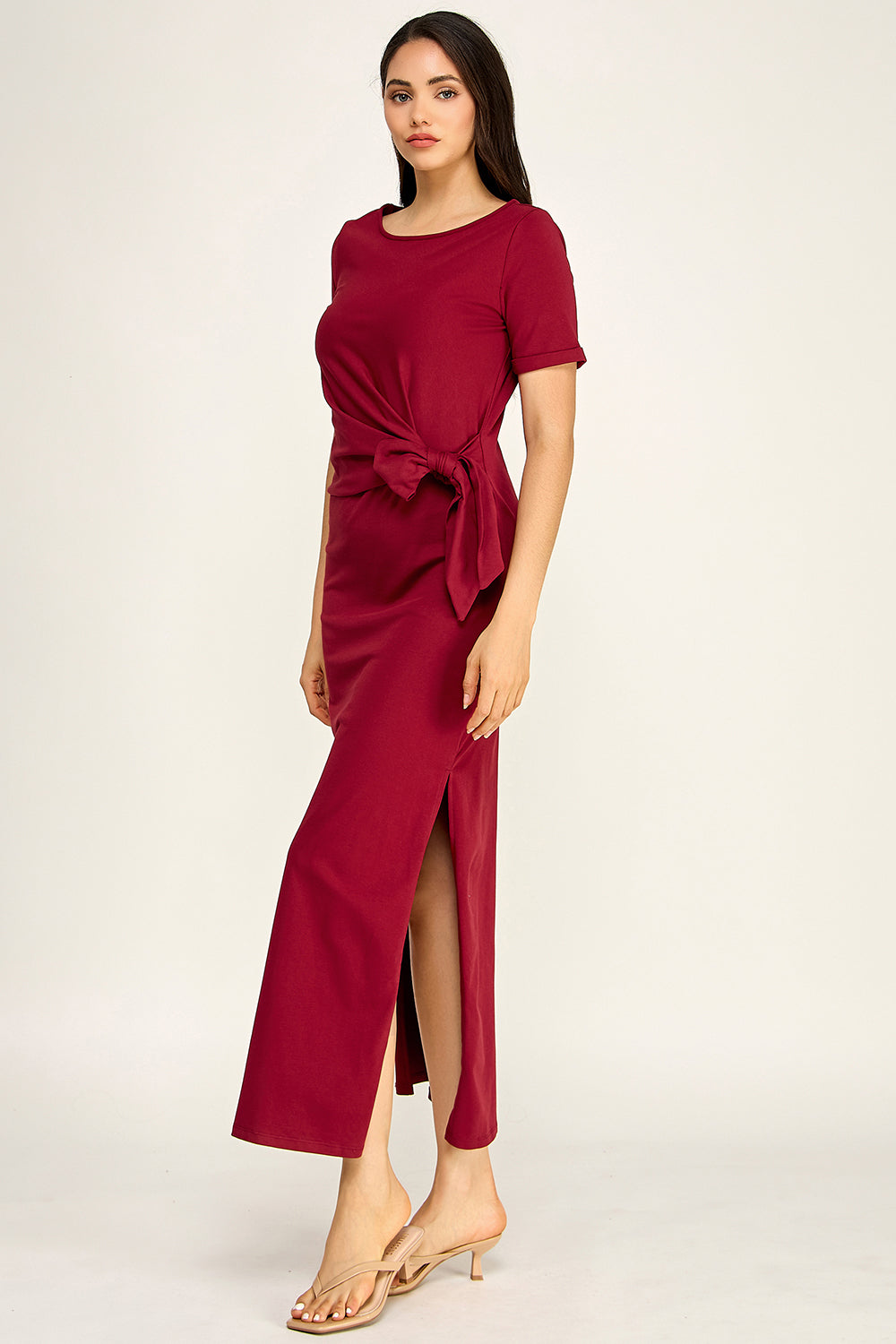 Modal Tie Waist Maxi Dress | Round Neck Short Sleeve Side Slit