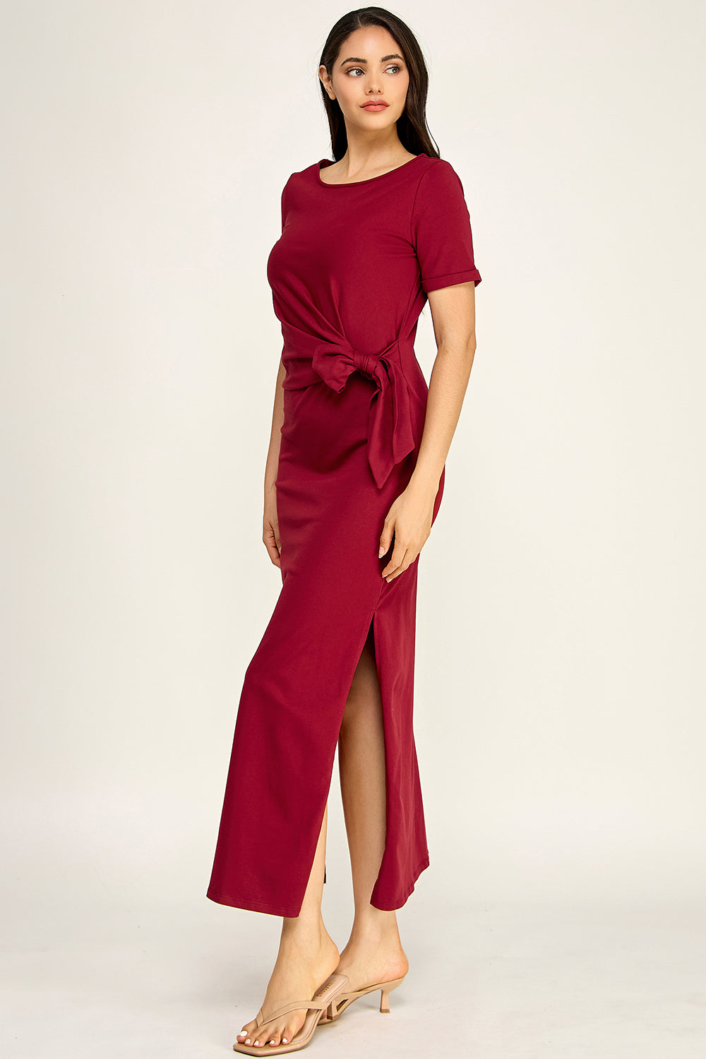 Modal Tie Waist Maxi Dress | Round Neck Short Sleeve Side Slit