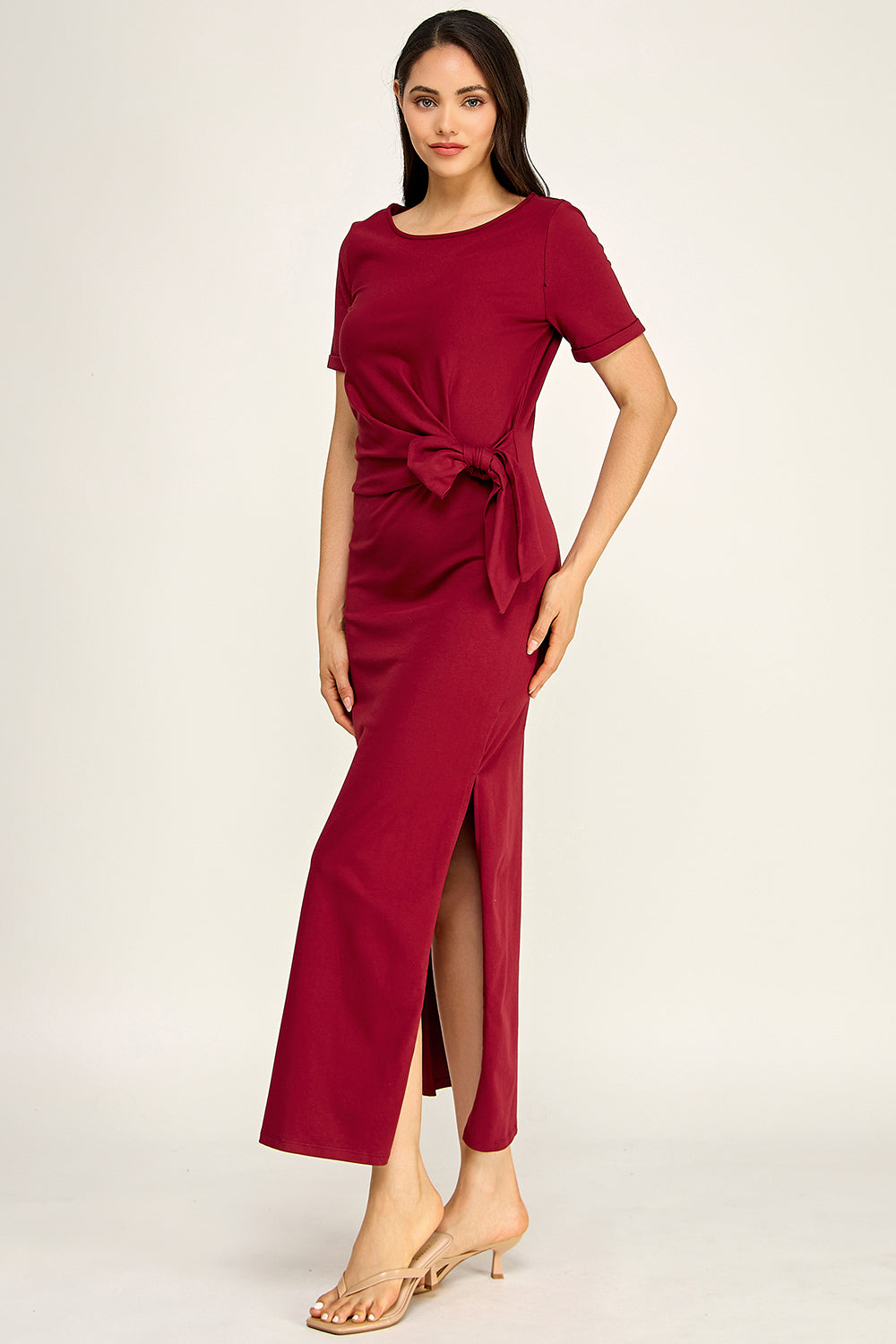 Modal Tie Waist Maxi Dress | Round Neck Short Sleeve Side Slit