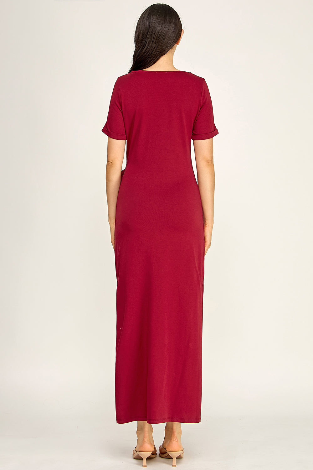 Modal Tie Waist Maxi Dress | Round Neck Short Sleeve Side Slit