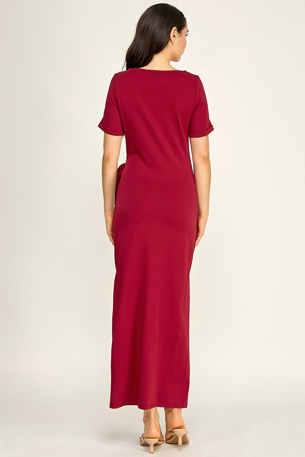 Modal Tie Waist Maxi Dress | Round Neck Short Sleeve Side Slit