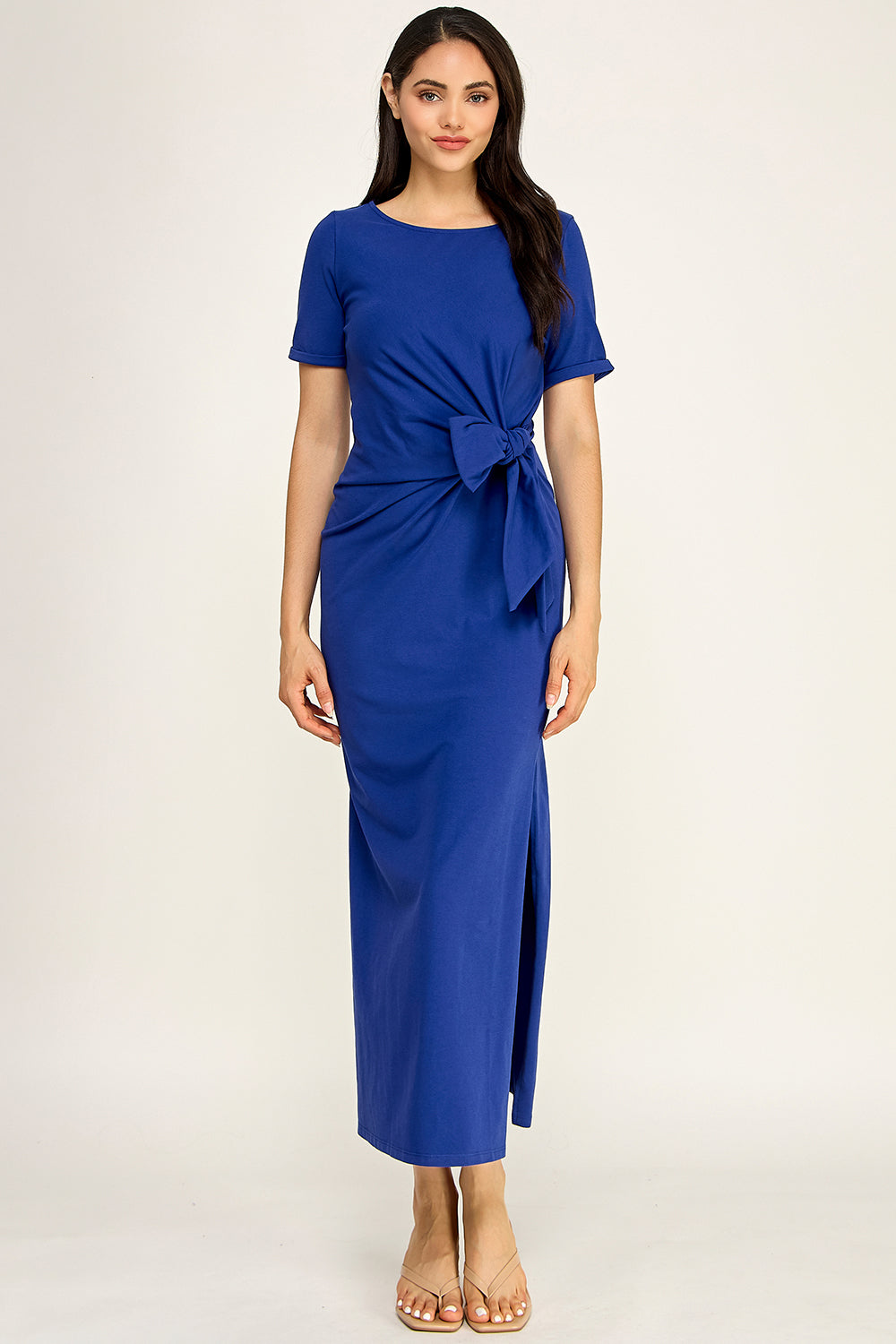 Modal Tie Waist Maxi Dress | Round Neck Short Sleeve Side Slit