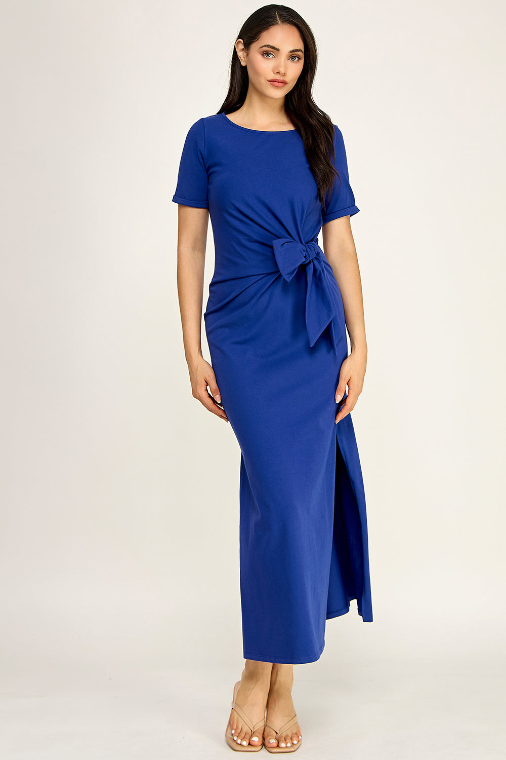 Modal Tie Waist Maxi Dress | Round Neck Short Sleeve Side Slit