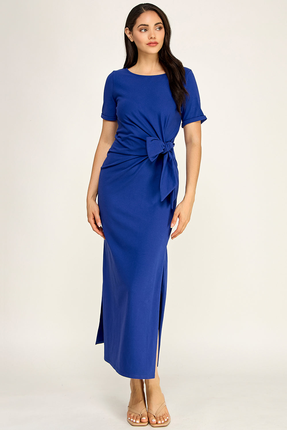 Modal Tie Waist Maxi Dress | Round Neck Short Sleeve Side Slit