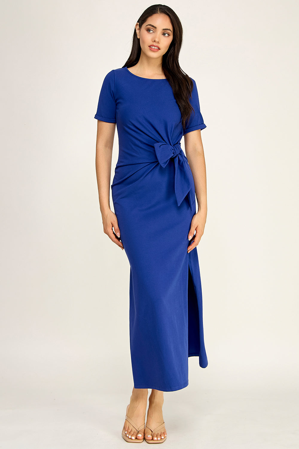 Modal Tie Waist Maxi Dress | Round Neck Short Sleeve Side Slit