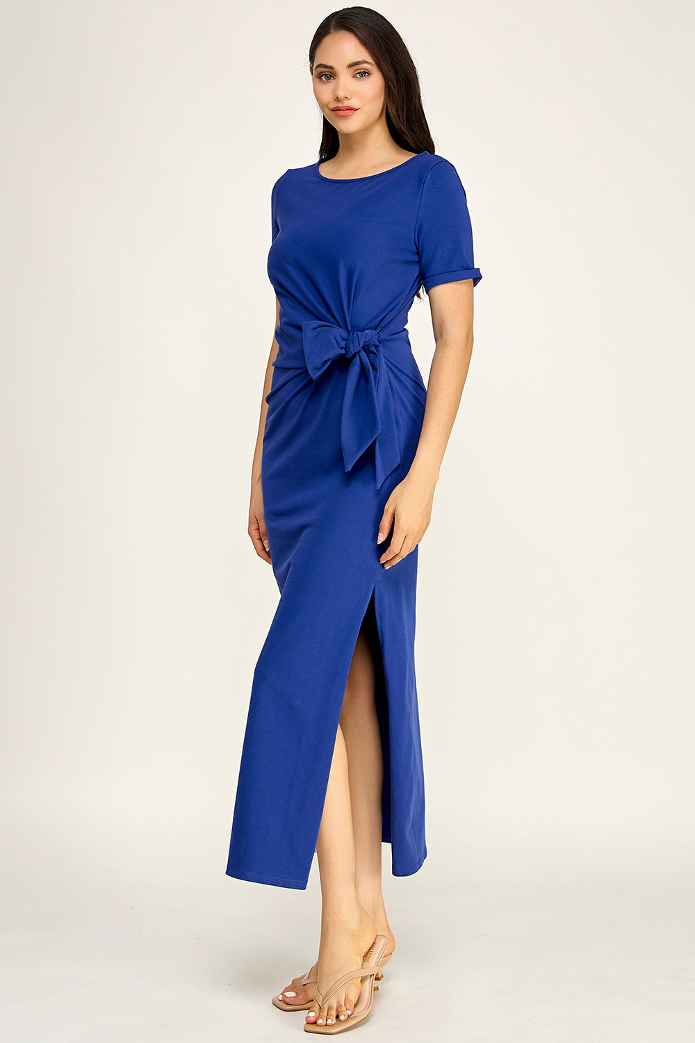 Modal Tie Waist Maxi Dress | Round Neck Short Sleeve Side Slit