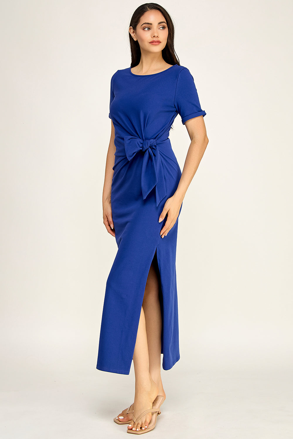 Modal Tie Waist Maxi Dress | Round Neck Short Sleeve Side Slit