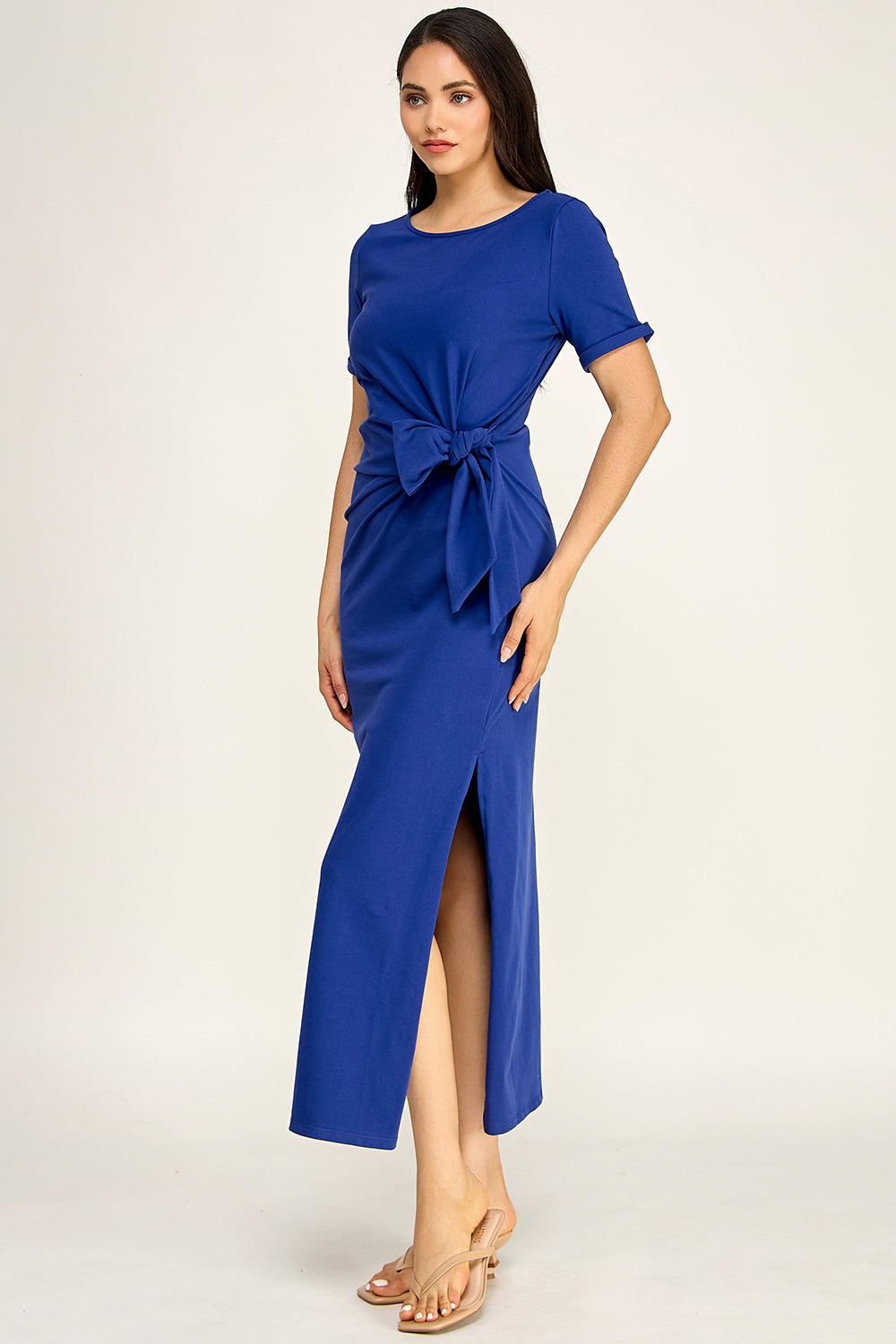Modal Tie Waist Maxi Dress | Round Neck Short Sleeve Side Slit