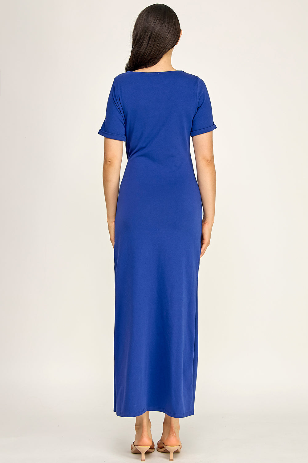 Modal Tie Waist Maxi Dress | Round Neck Short Sleeve Side Slit