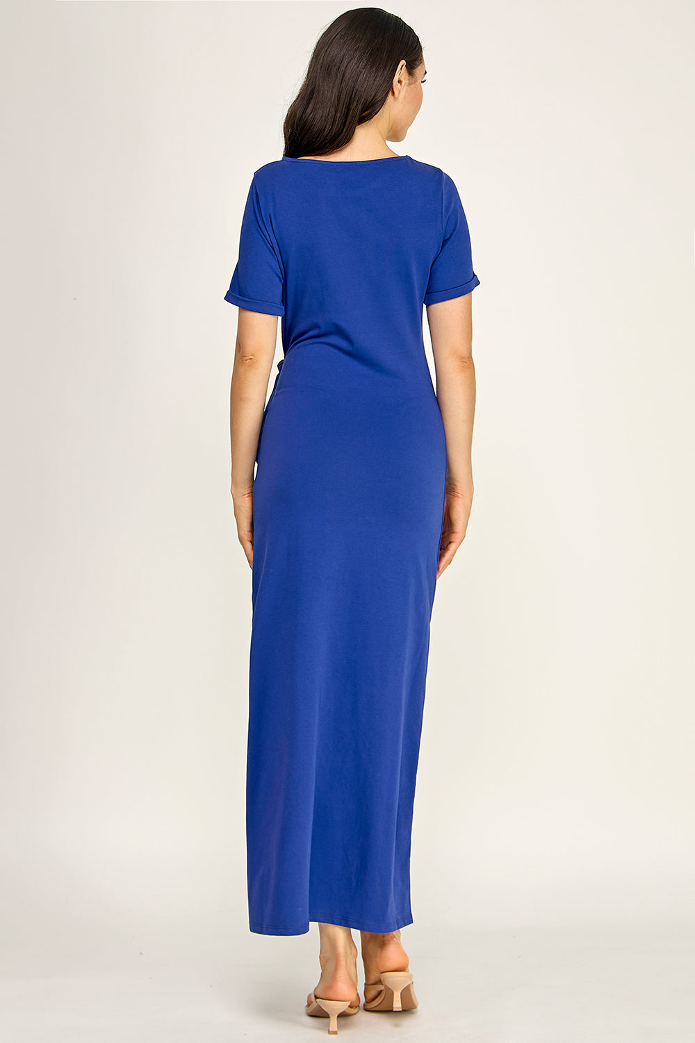Modal Tie Waist Maxi Dress | Round Neck Short Sleeve Side Slit