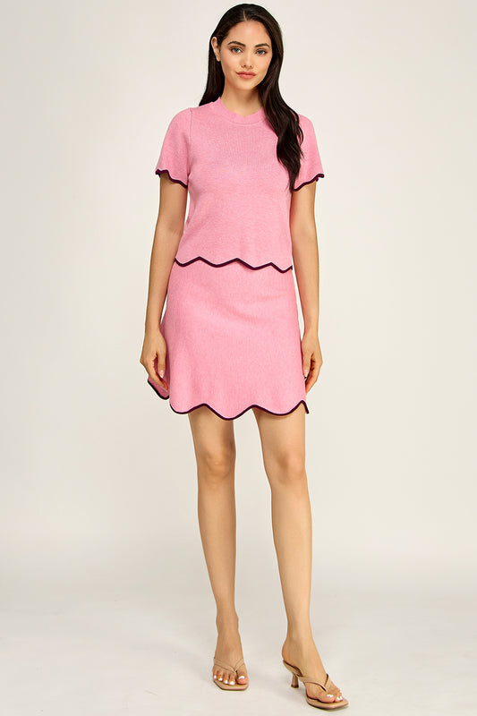 Scalloped Knit Matching Set | Short Sleeve Top A-Line Skirt Boutique
