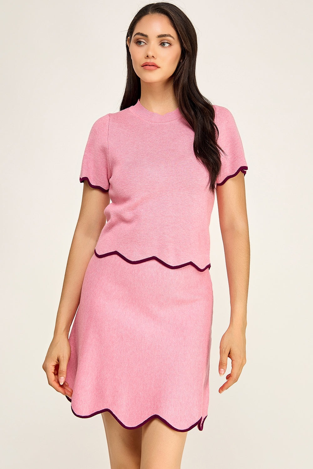Scalloped Knit Matching Set | Short Sleeve Top A-Line Skirt Boutique