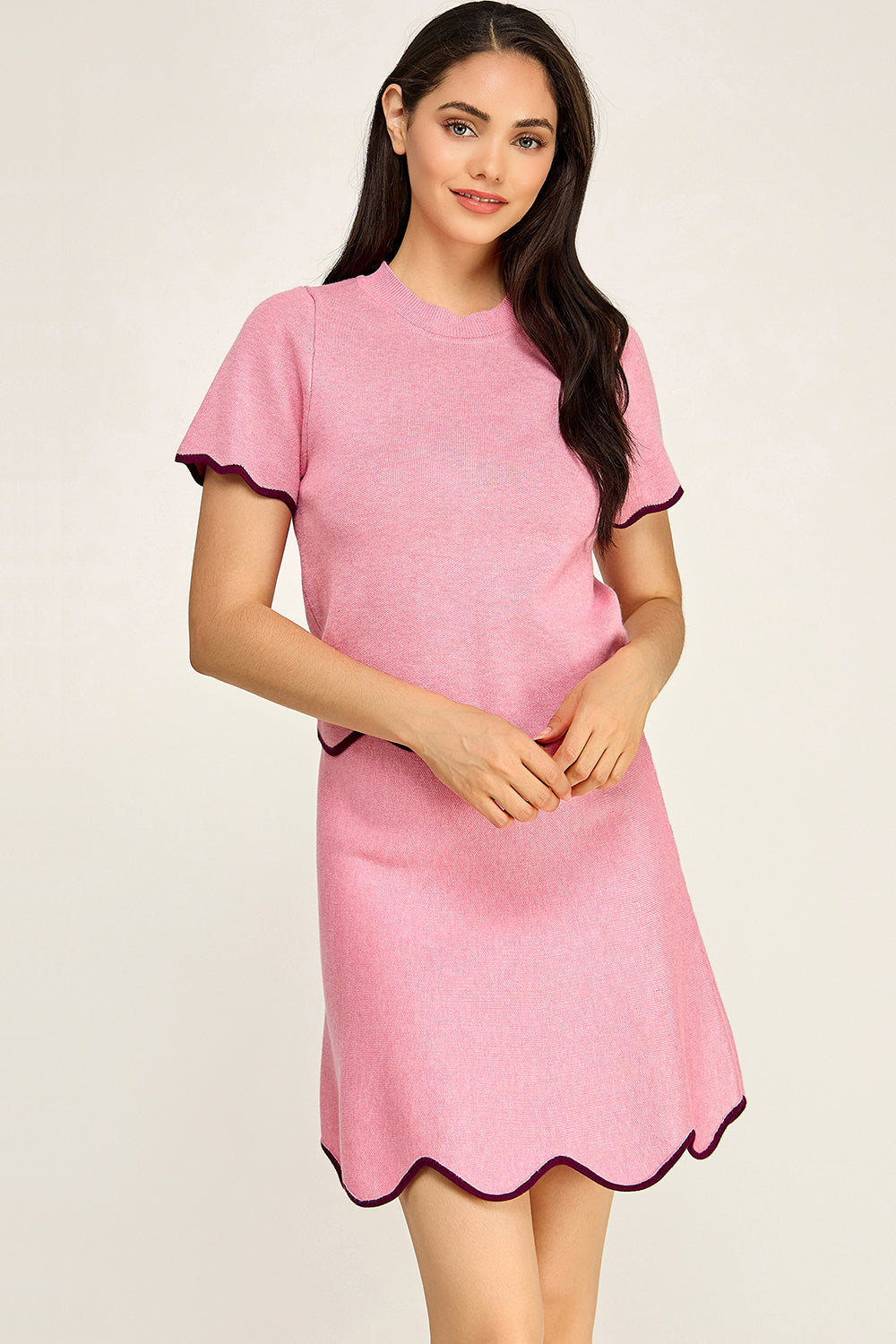 Scalloped Knit Matching Set | Short Sleeve Top A-Line Skirt Boutique