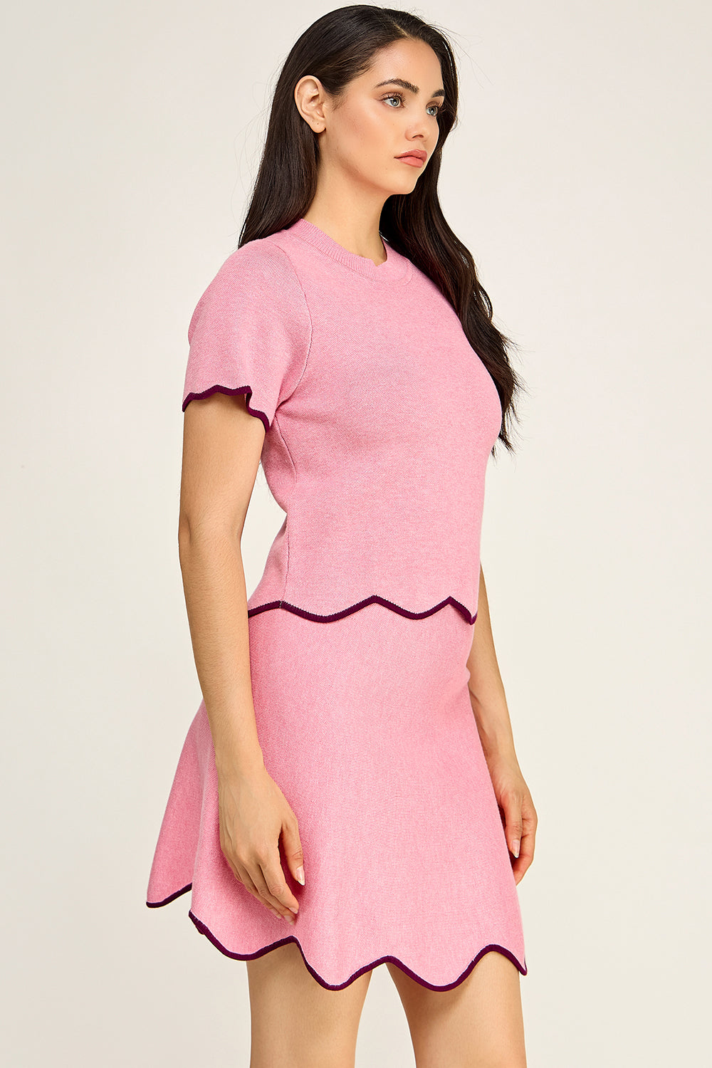 Scalloped Knit Matching Set | Short Sleeve Top A-Line Skirt Boutique