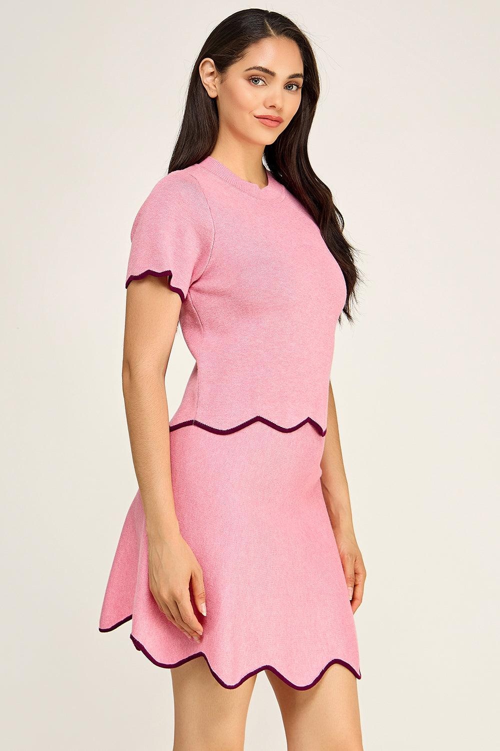 Scalloped Knit Matching Set | Short Sleeve Top A-Line Skirt Boutique
