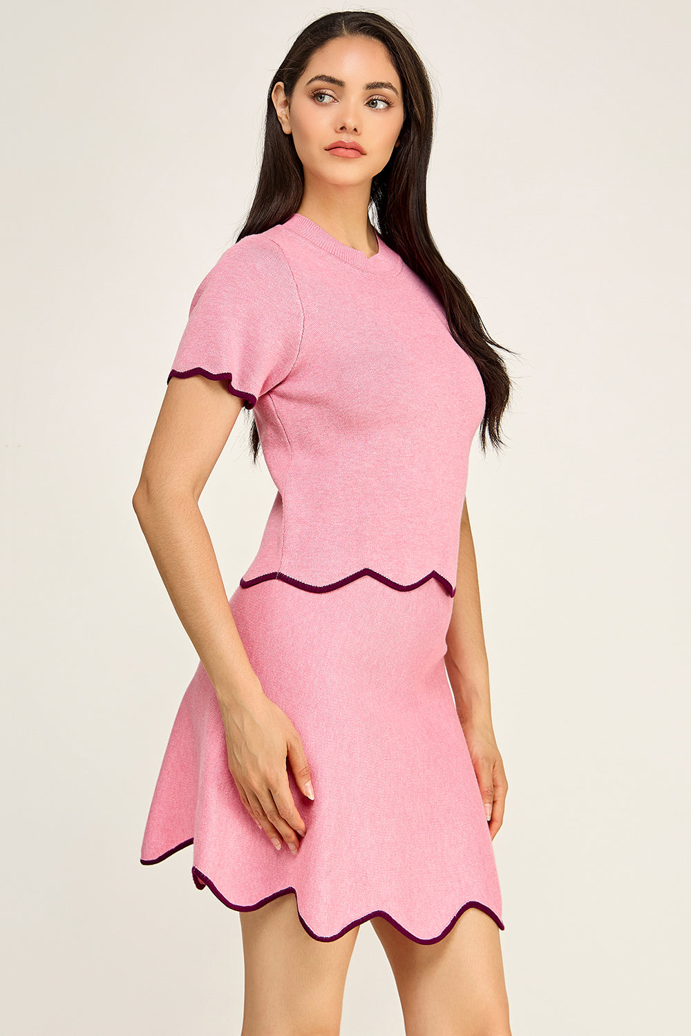 Scalloped Knit Matching Set | Short Sleeve Top A-Line Skirt Boutique