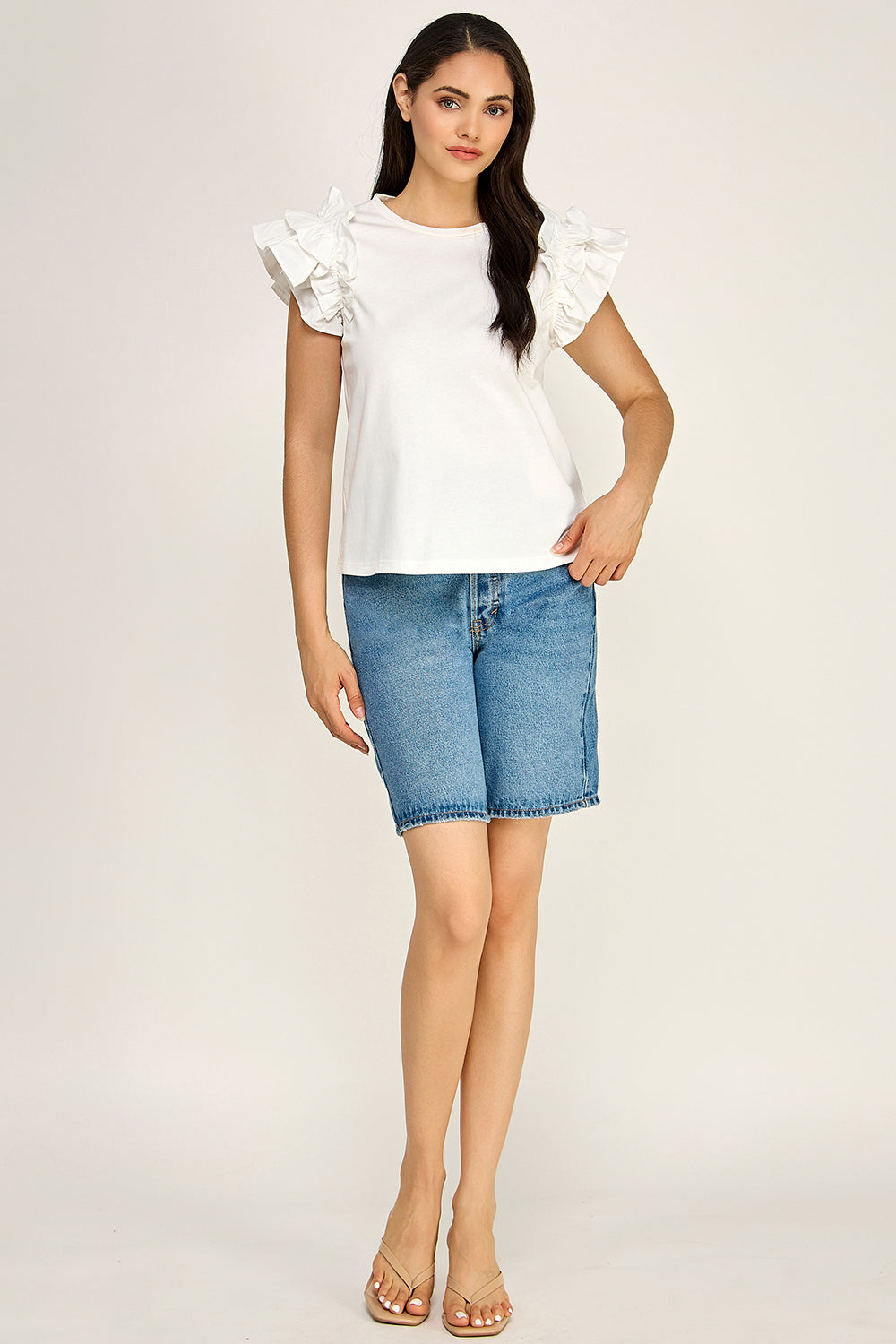 Ruffle Sleeve Cotton Knit Top | Round Neck Relaxed Boutique