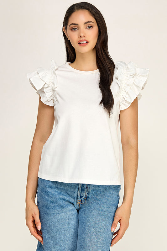 Ruffle Sleeve Cotton Knit Top | Round Neck Relaxed Boutique
