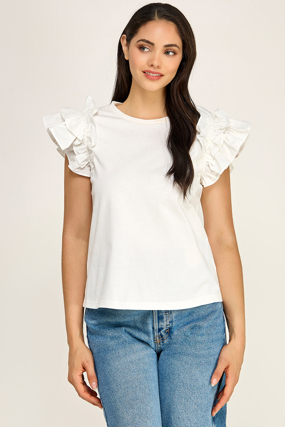 Ruffle Sleeve Cotton Knit Top | Round Neck Relaxed Boutique