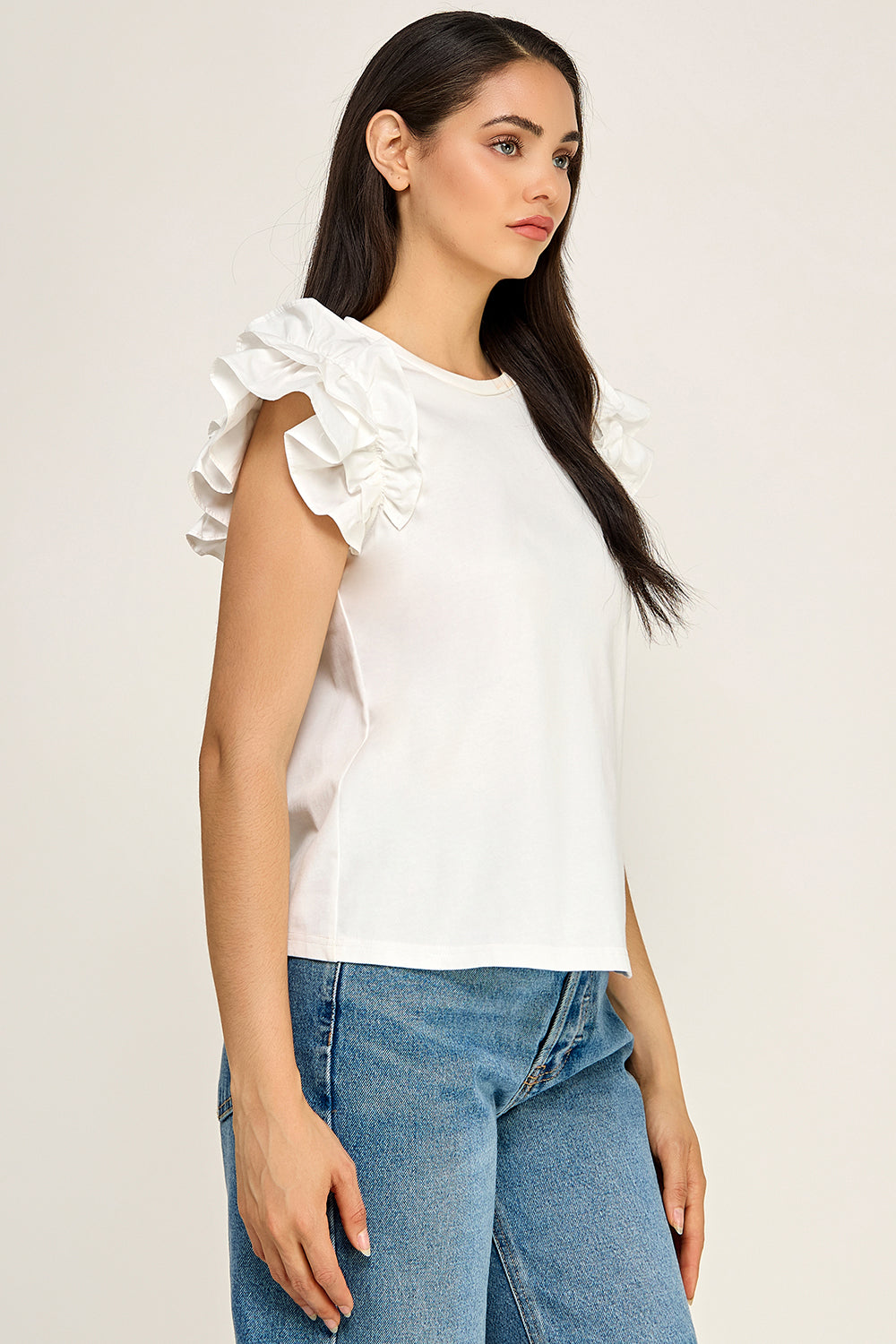 Ruffle Sleeve Cotton Knit Top | Round Neck Relaxed Boutique