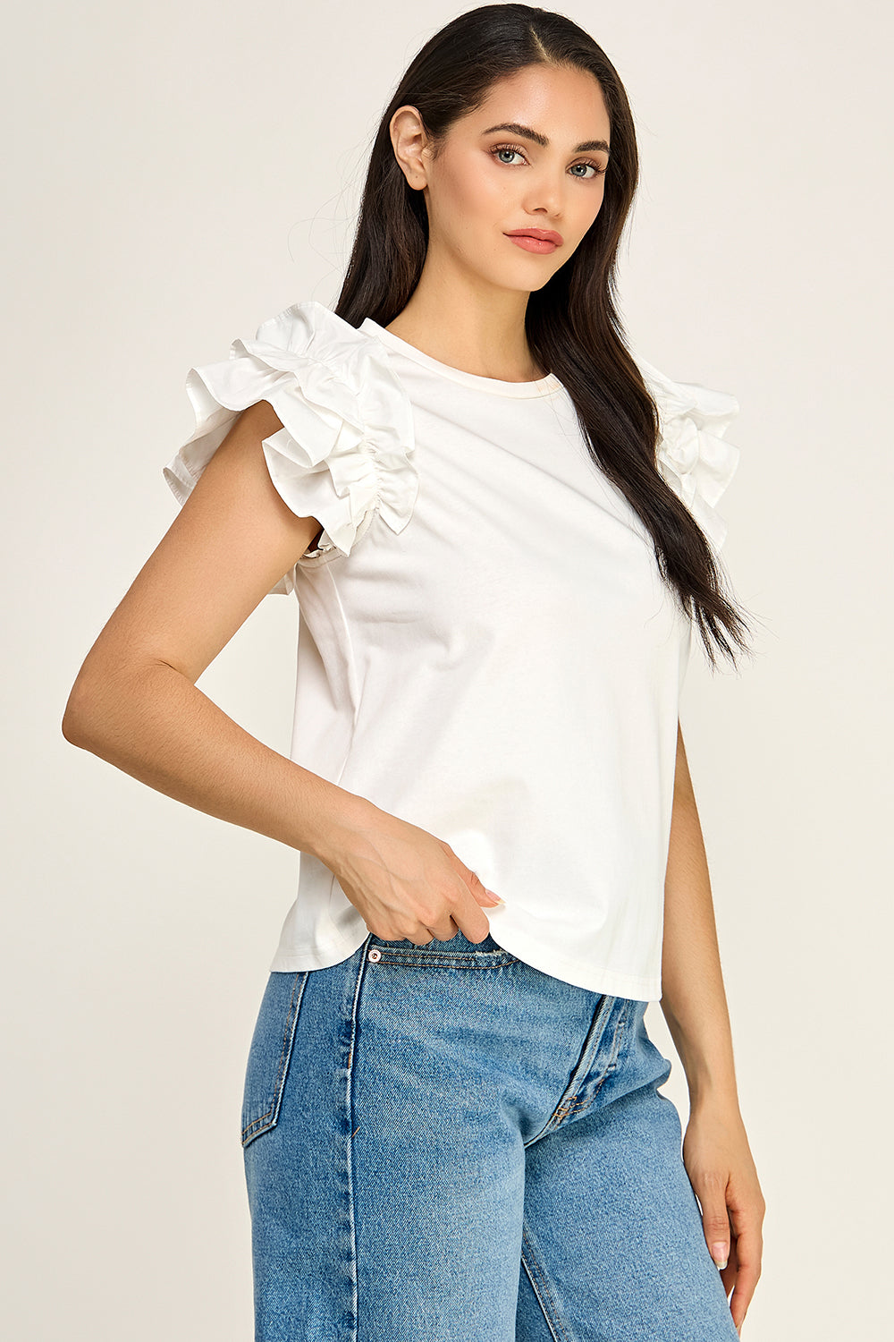 Ruffle Sleeve Cotton Knit Top | Round Neck Relaxed Boutique
