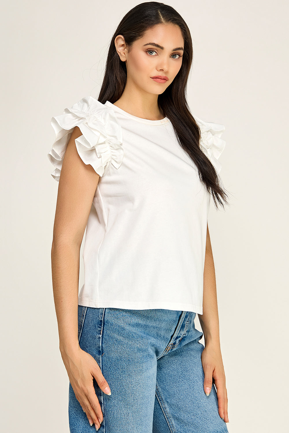 Ruffle Sleeve Cotton Knit Top | Round Neck Relaxed Boutique