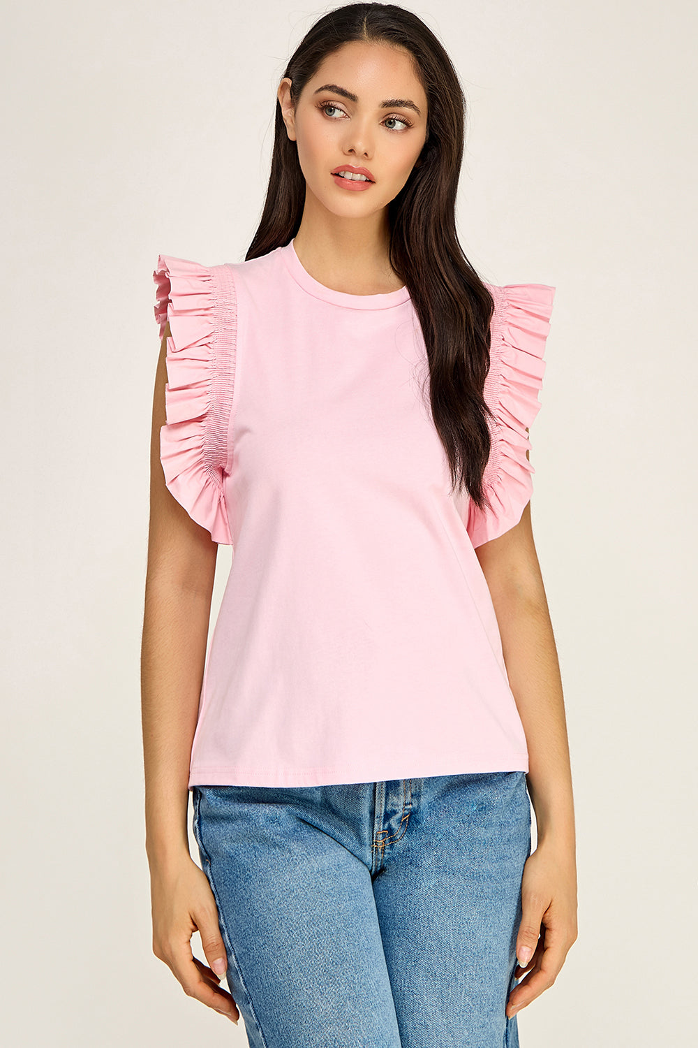 Pink Ruffle Sleeve Cotton Top | Pleated Flutter Sleeve Round Neck