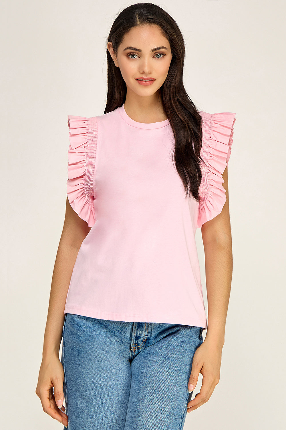 Pink Ruffle Sleeve Cotton Top | Pleated Flutter Sleeve Round Neck