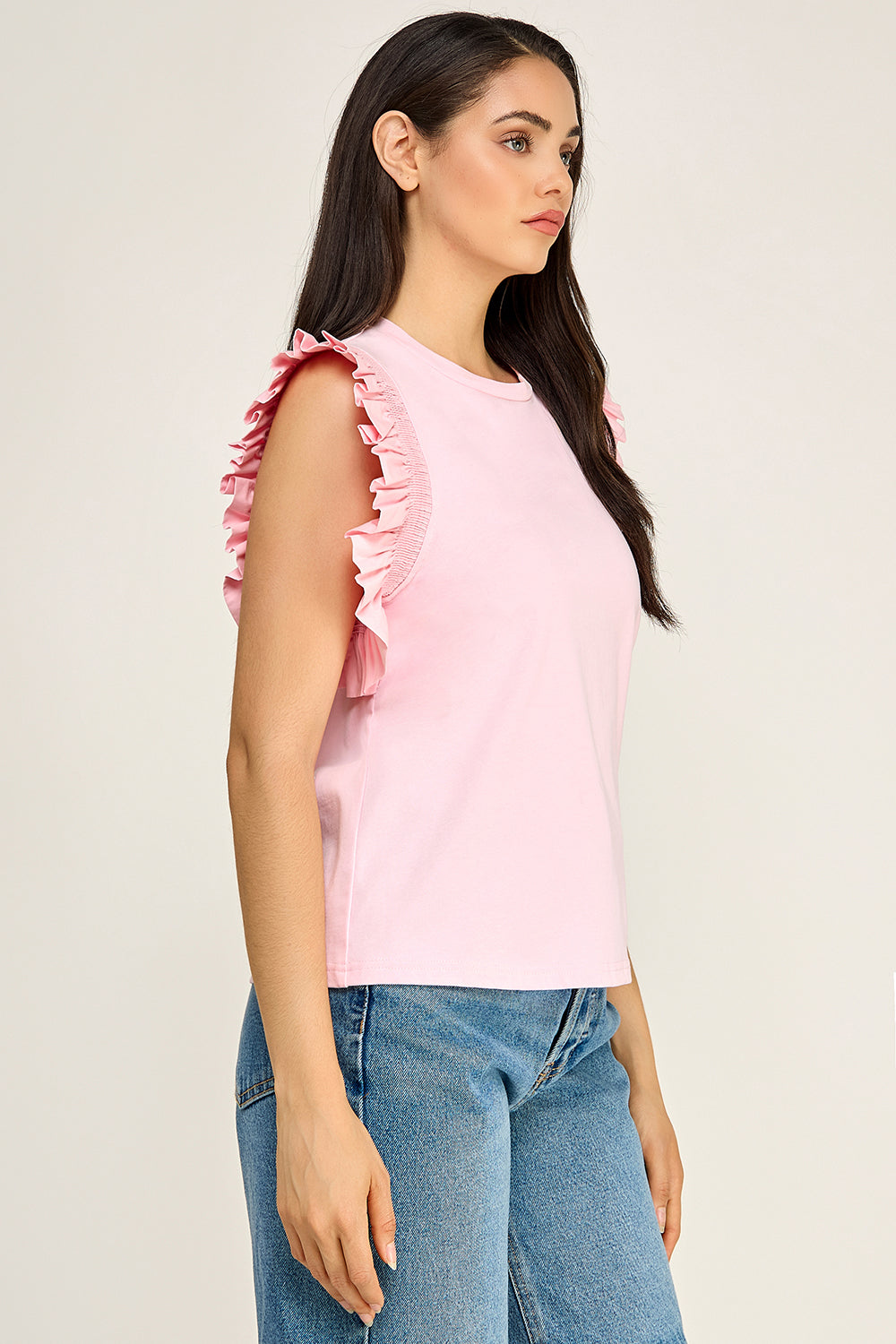 Pink Ruffle Sleeve Cotton Top | Pleated Flutter Sleeve Round Neck