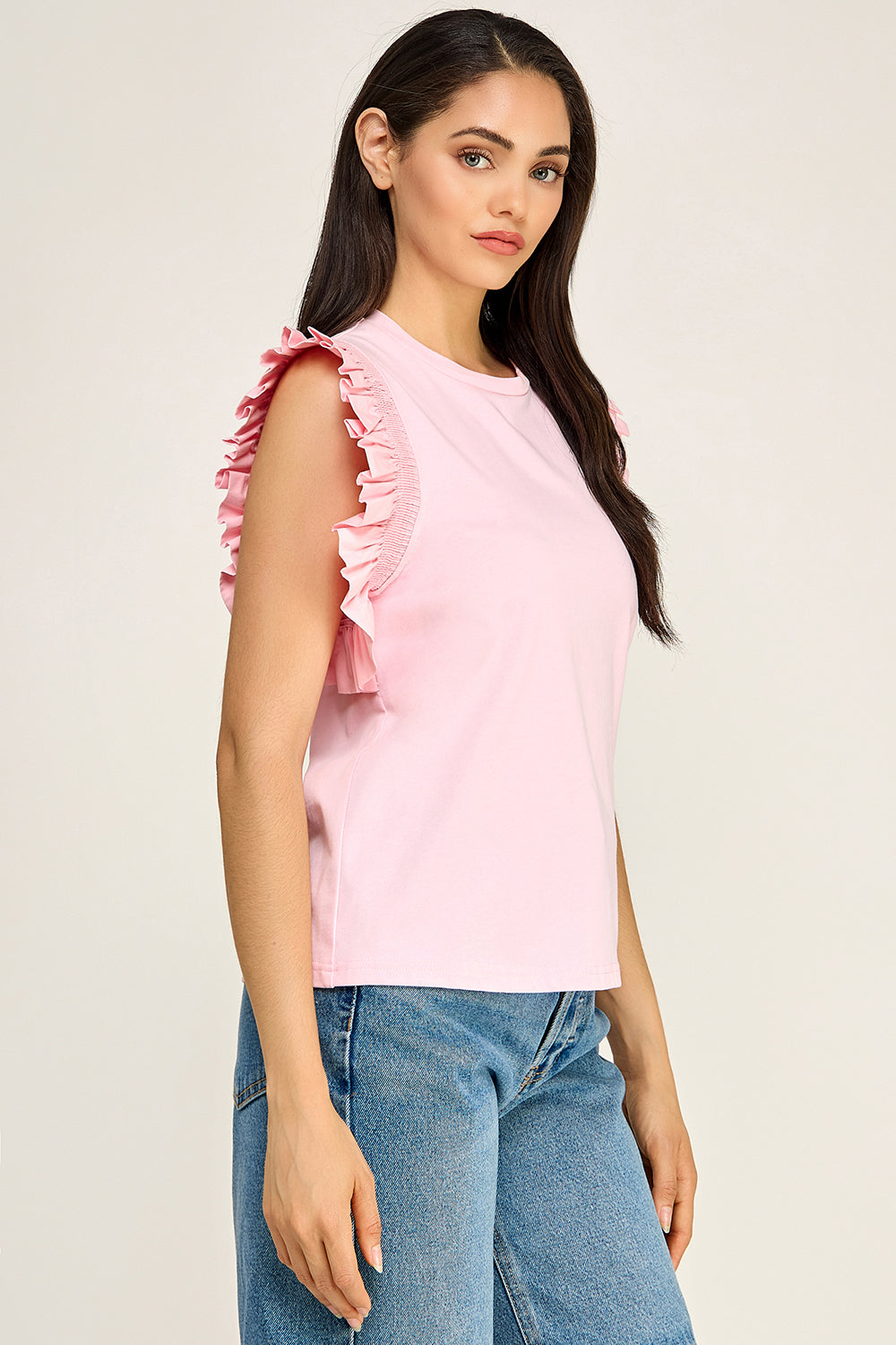 Pink Ruffle Sleeve Cotton Top | Pleated Flutter Sleeve Round Neck