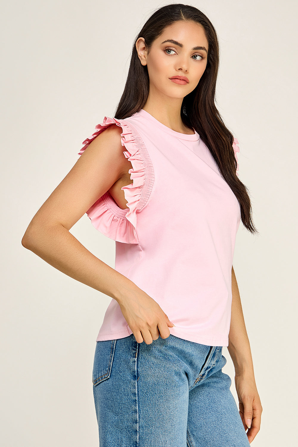 Pink Ruffle Sleeve Cotton Top | Pleated Flutter Sleeve Round Neck