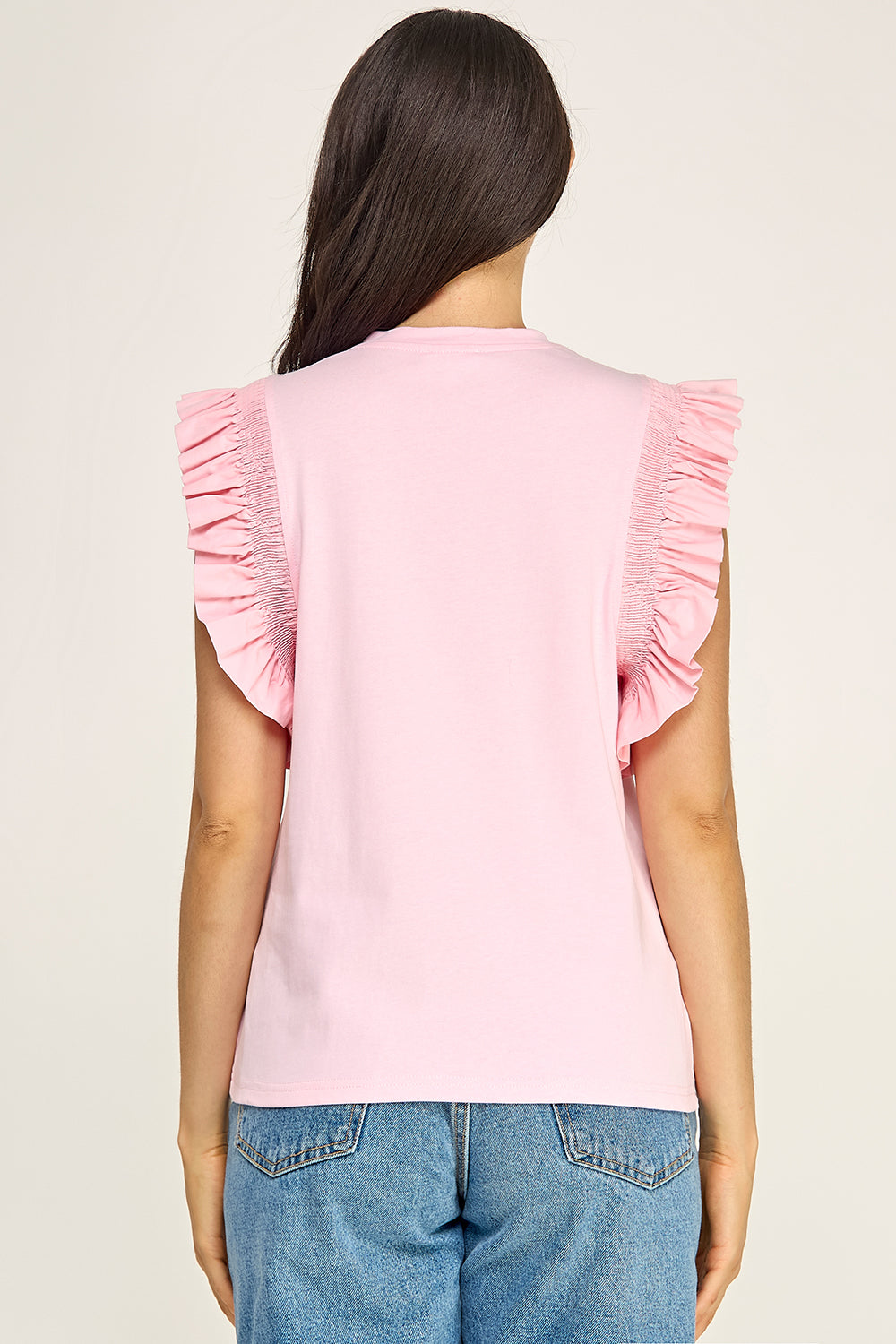 Pink Ruffle Sleeve Cotton Top | Pleated Flutter Sleeve Round Neck