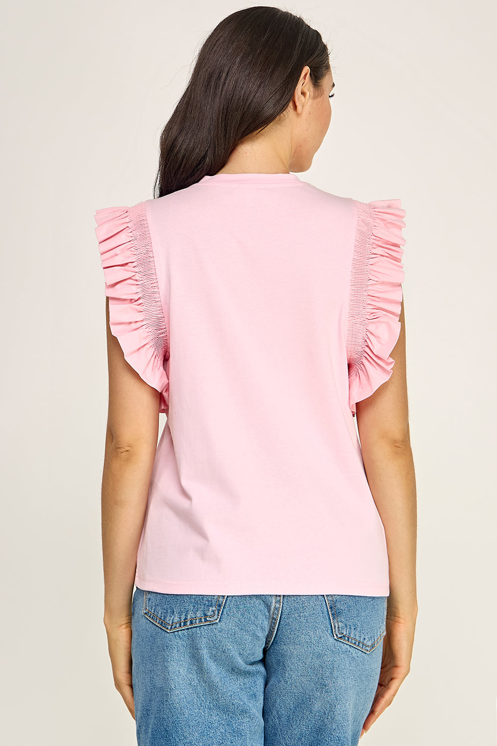 Pink Ruffle Sleeve Cotton Top | Pleated Flutter Sleeve Round Neck
