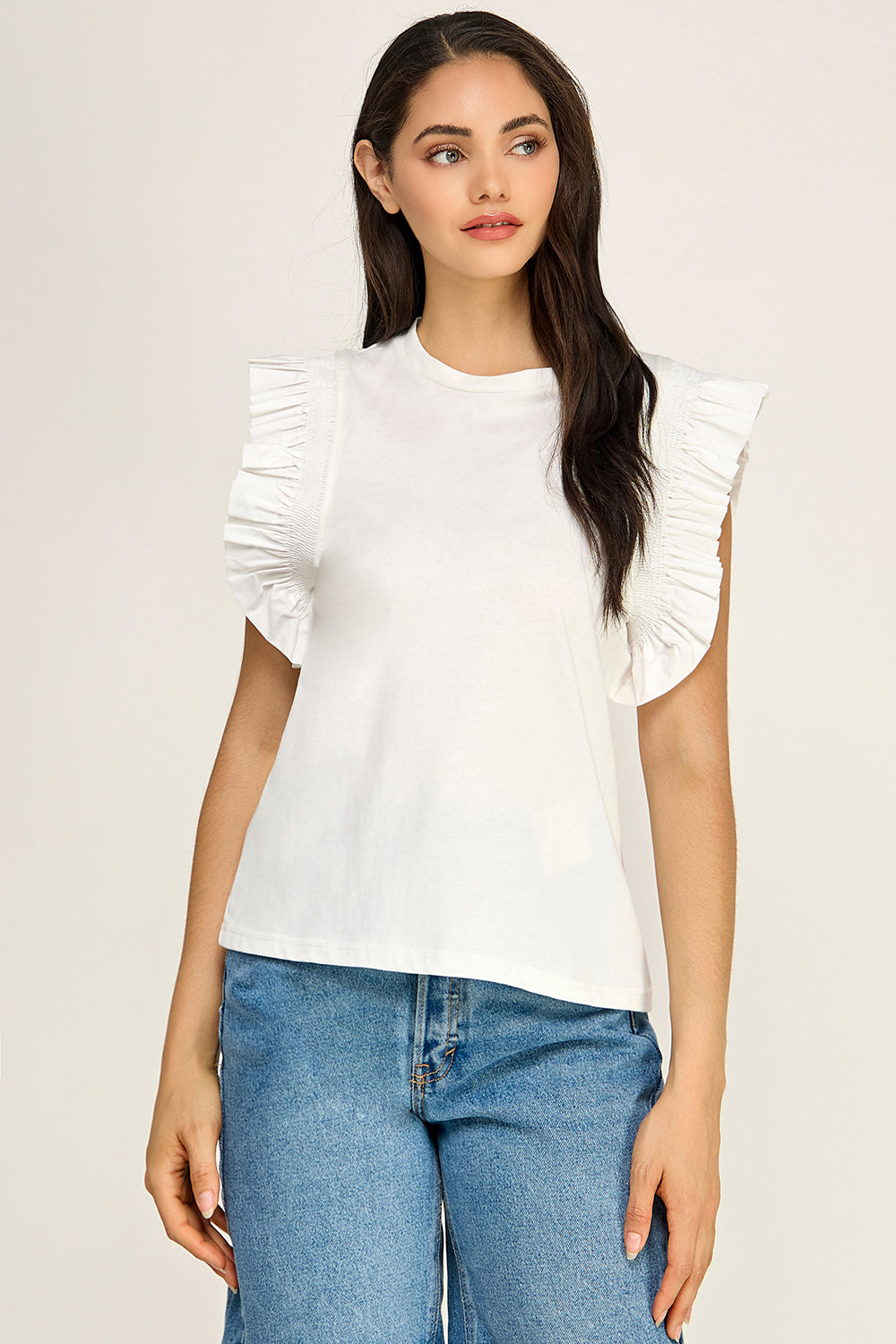 Ruffle Sleeve Cotton Top | Pleated Flutter Sleeve Round Neck