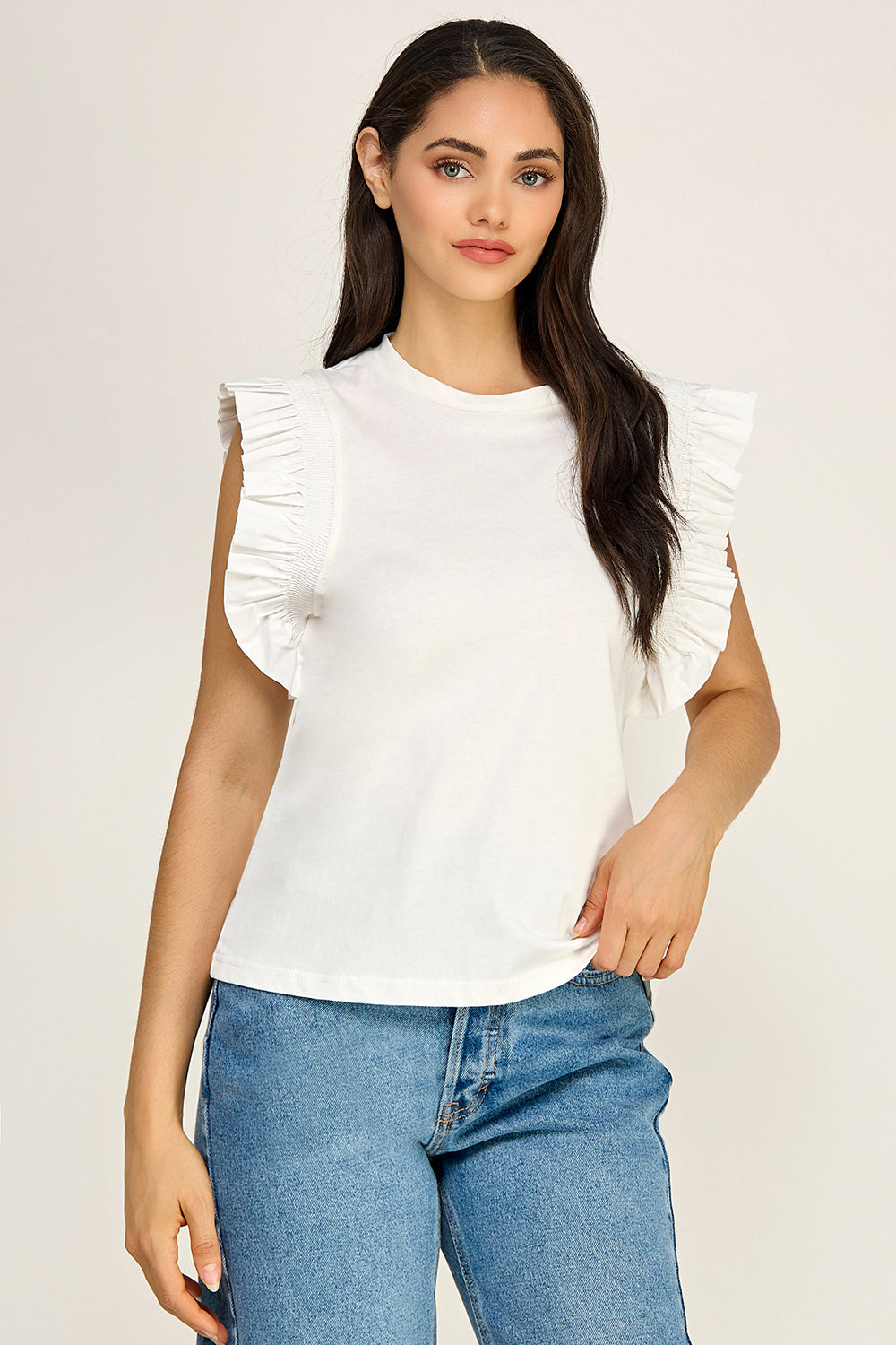 Ruffle Sleeve Cotton Top | Pleated Flutter Sleeve Round Neck