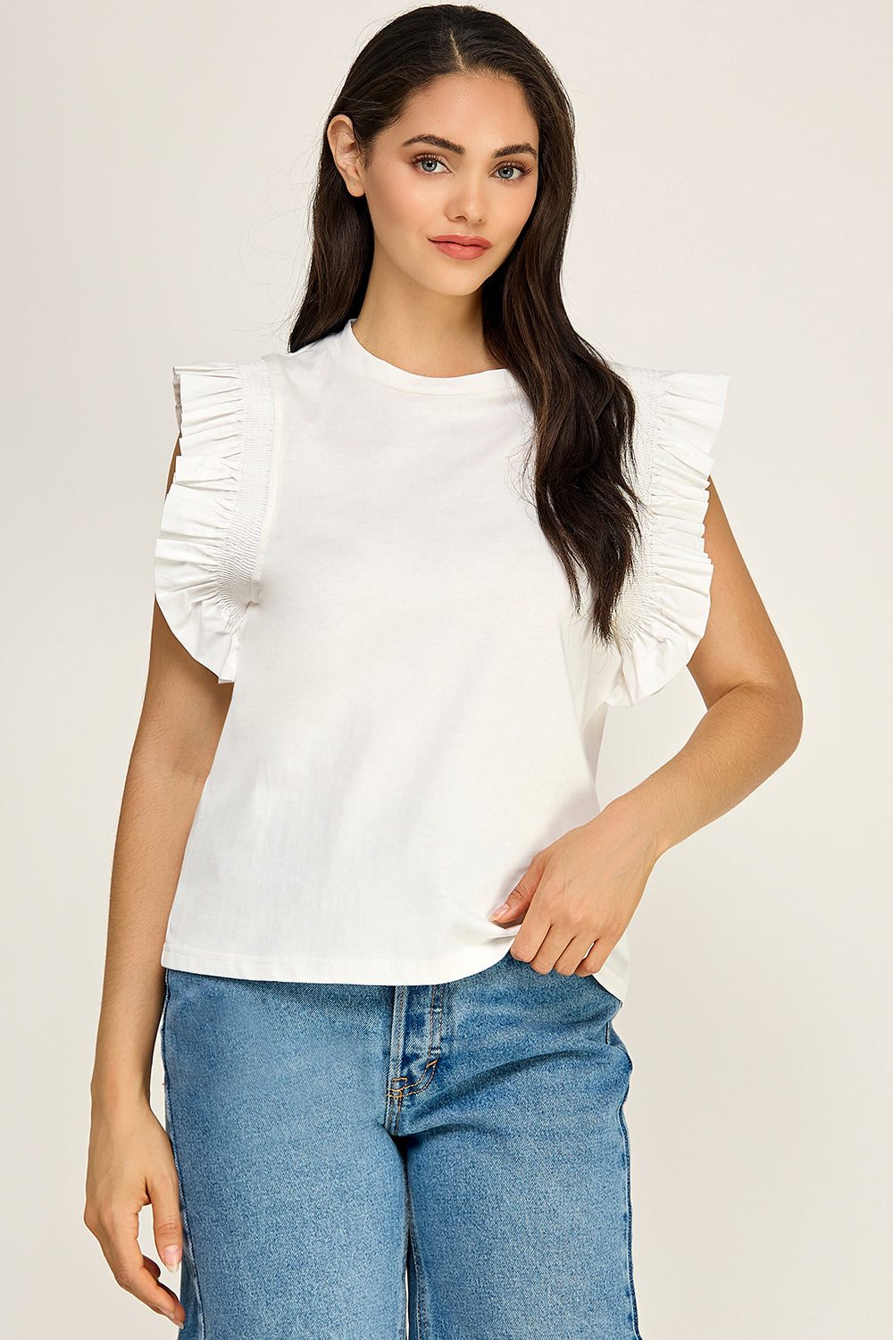 Ruffle Sleeve Cotton Top | Pleated Flutter Sleeve Round Neck