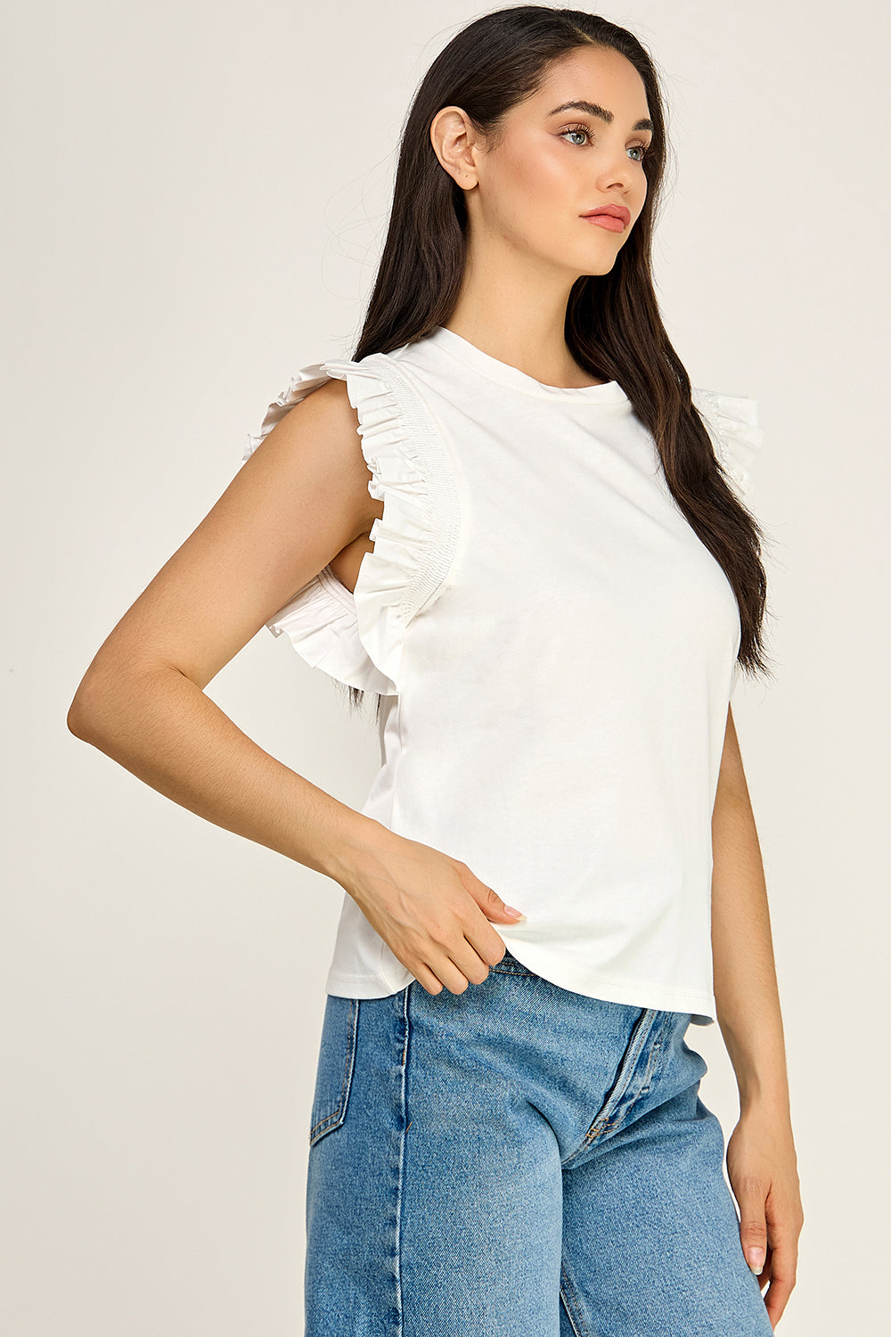 Ruffle Sleeve Cotton Top | Pleated Flutter Sleeve Round Neck