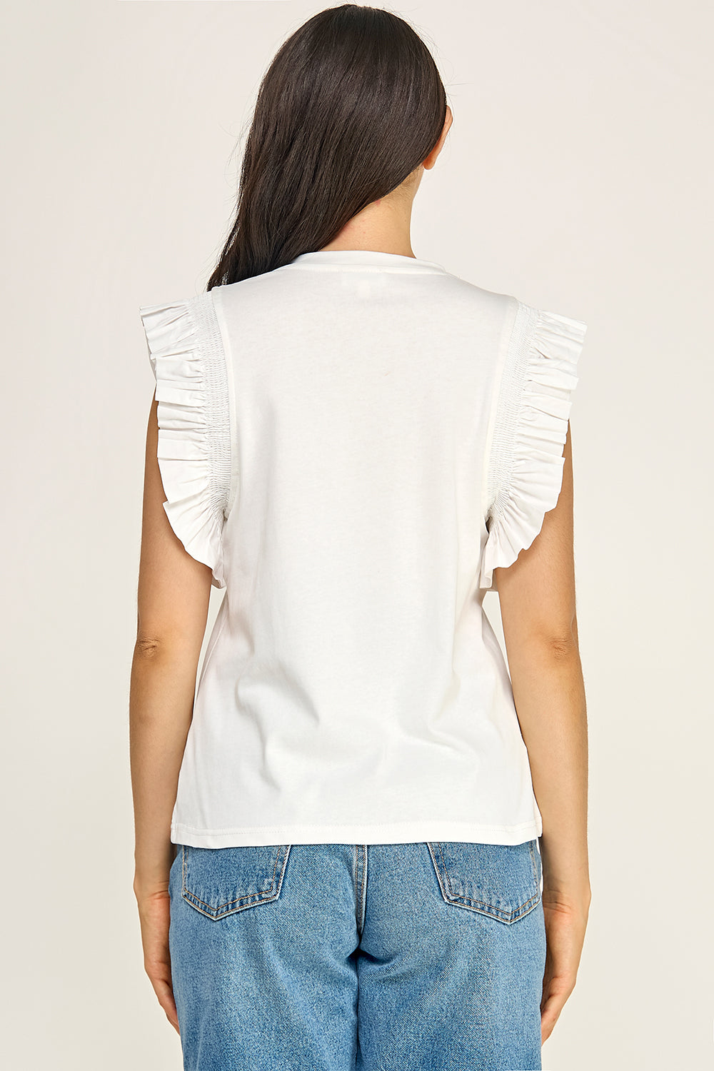 Ruffle Sleeve Cotton Top | Pleated Flutter Sleeve Round Neck