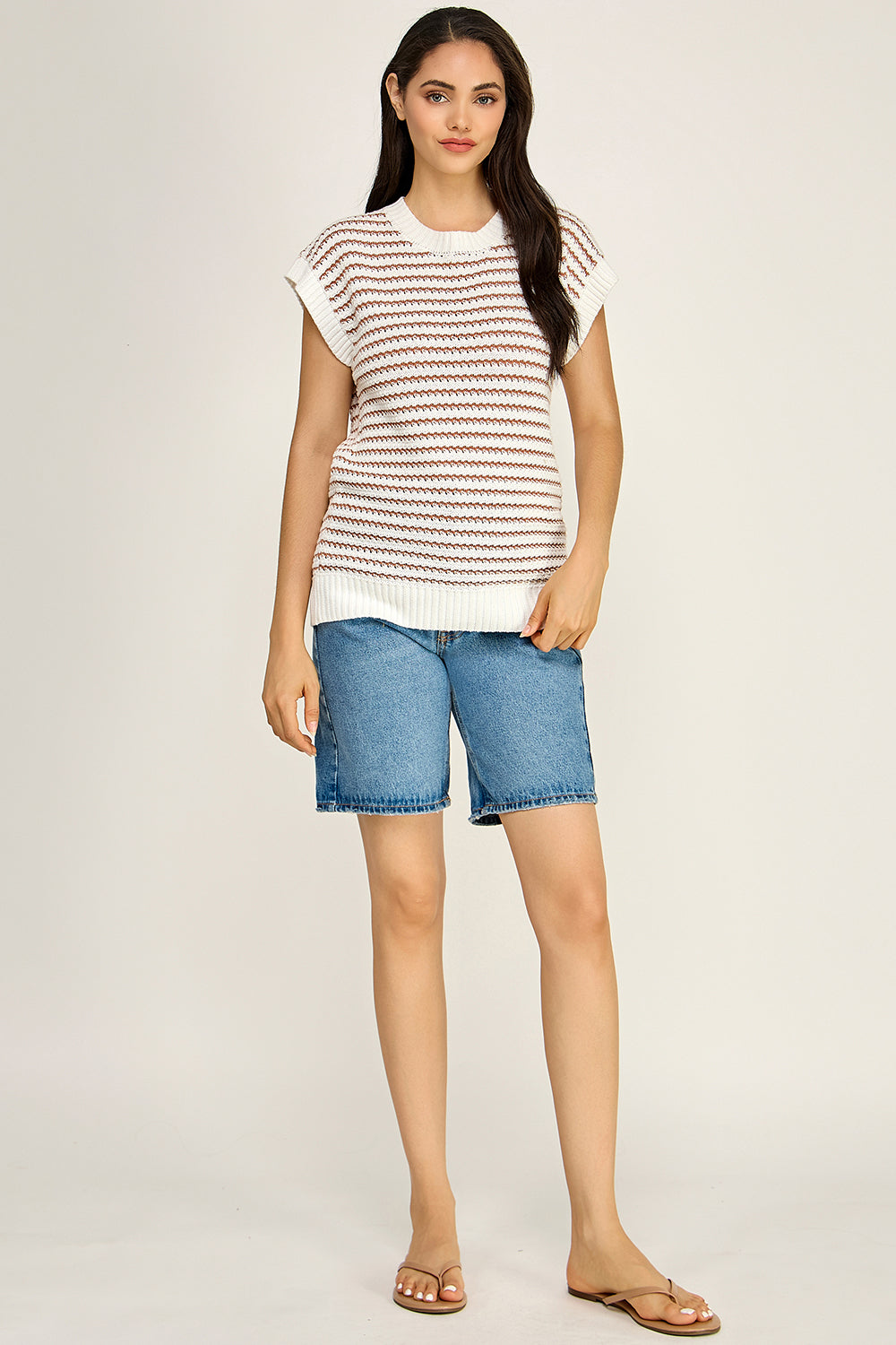 Ivory Brown Stripe Crochet Knit Top | Cap Sleeve Crew Neck Boutique