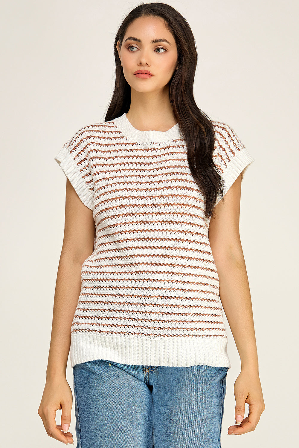 Ivory Brown Stripe Crochet Knit Top | Cap Sleeve Crew Neck Boutique