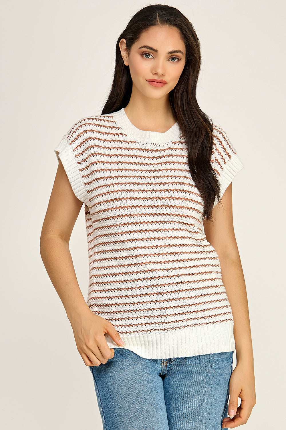 Ivory Brown Stripe Crochet Knit Top | Cap Sleeve Crew Neck Boutique