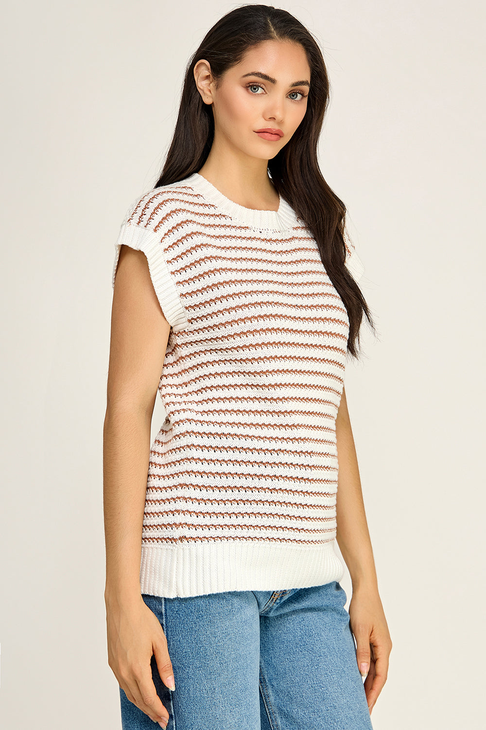 Ivory Brown Stripe Crochet Knit Top | Cap Sleeve Crew Neck Boutique