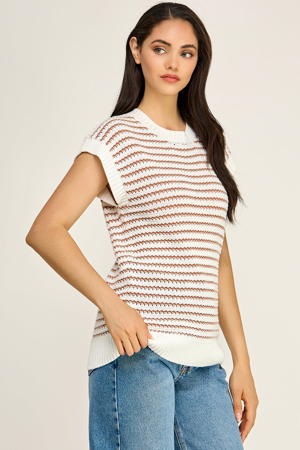 Ivory Brown Stripe Crochet Knit Top | Cap Sleeve Crew Neck Boutique