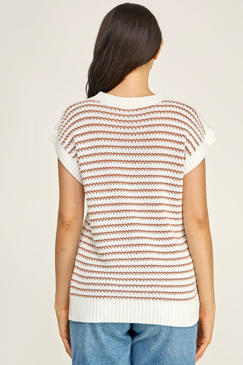 Ivory Brown Stripe Crochet Knit Top | Cap Sleeve Crew Neck Boutique