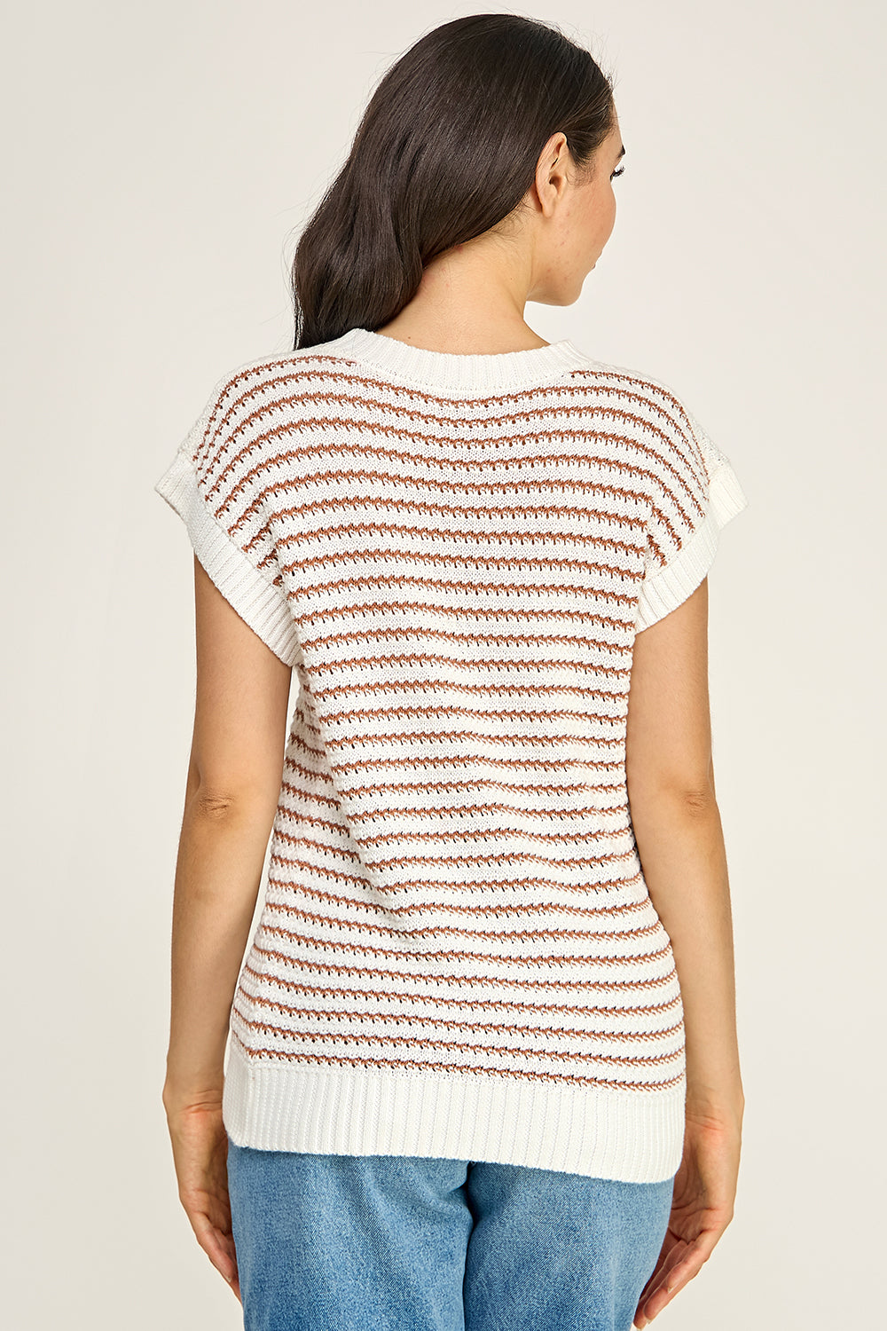 Ivory Brown Stripe Crochet Knit Top | Cap Sleeve Crew Neck Boutique