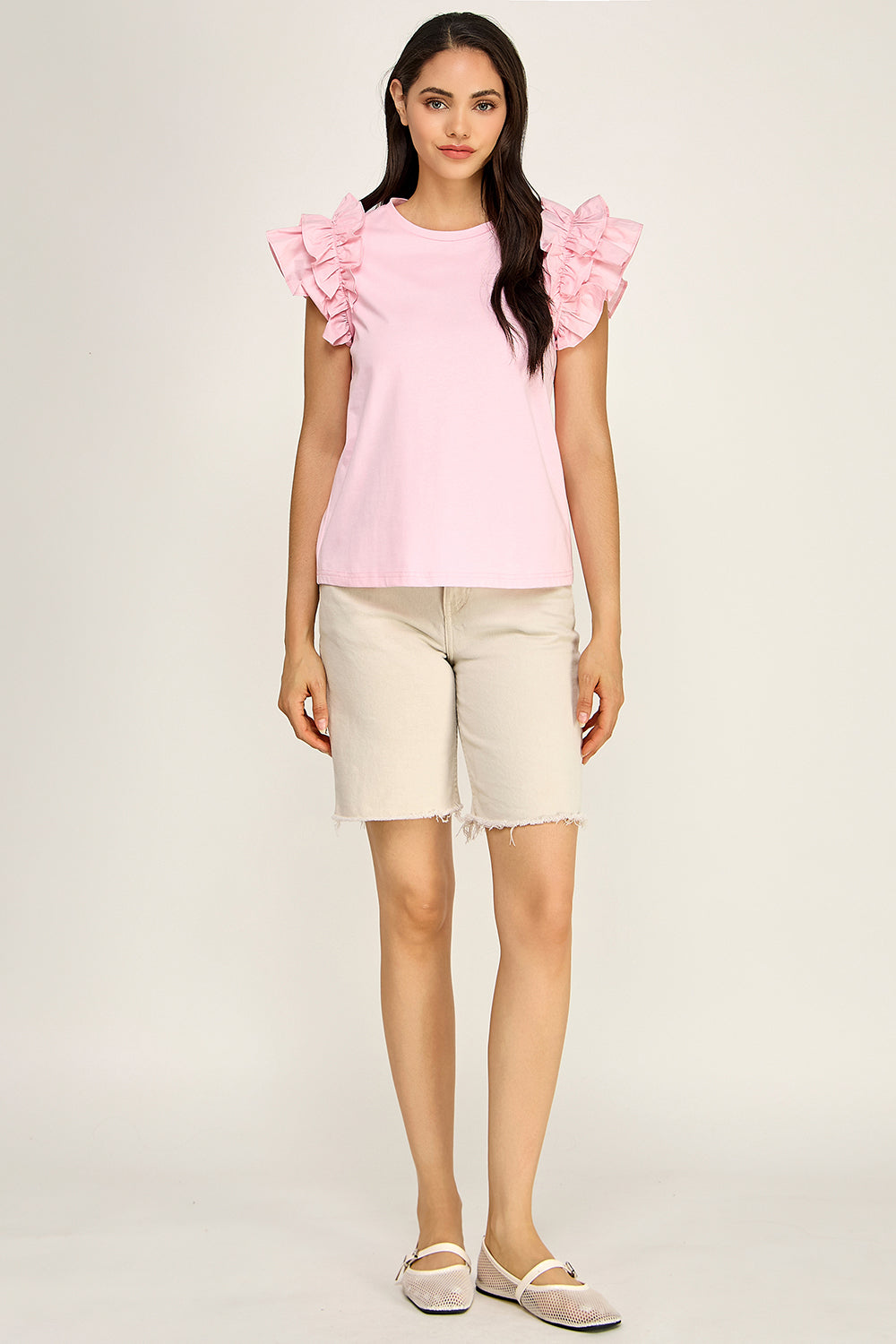 Ruffle Sleeve Cotton Knit Top | Round Neck Relaxed Boutique
