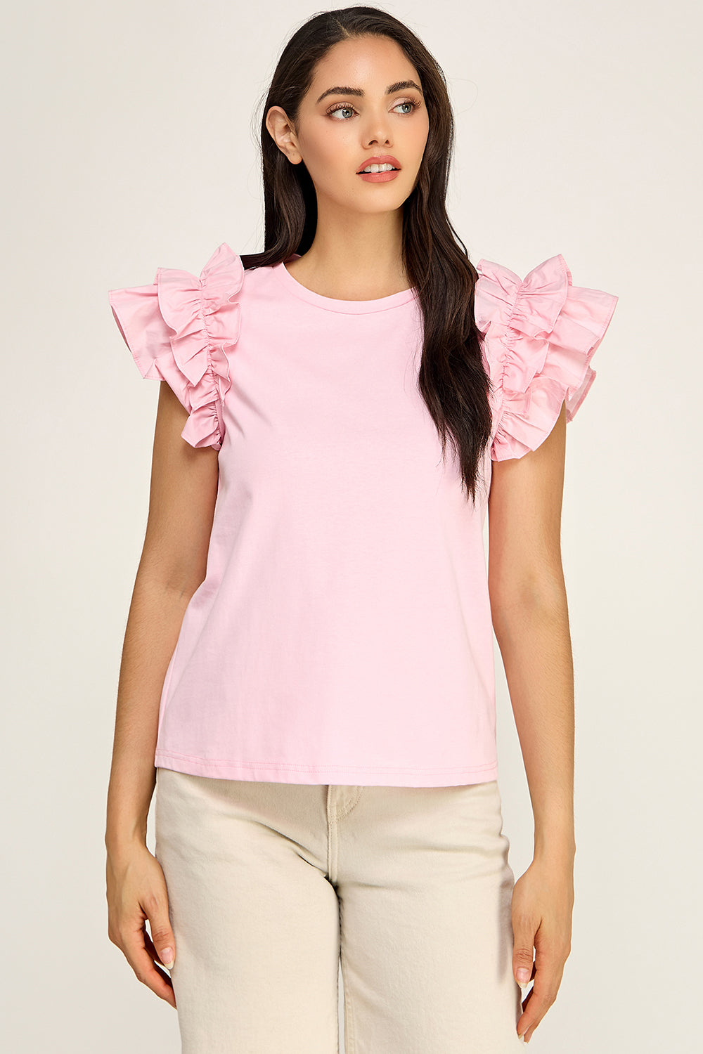 Ruffle Sleeve Cotton Knit Top | Round Neck Relaxed Boutique
